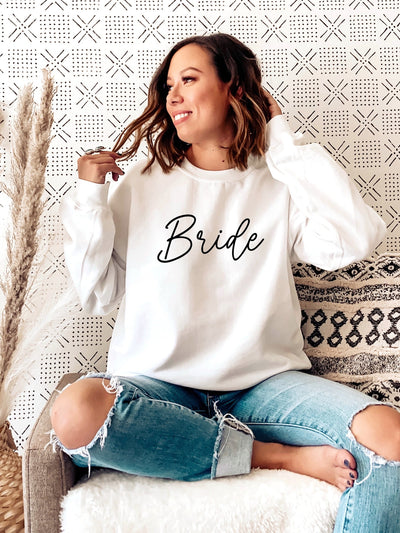 white bride sweatshirt cursive font crewneck