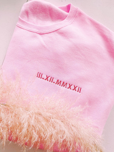 Roman Numeral Embroidered Sweatshirt with Sleeve Personalization