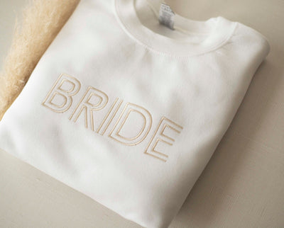 white embroidered bride sweatshirt